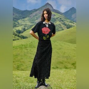 Farm Rio Black Flowered Lace Midi Skirt XL